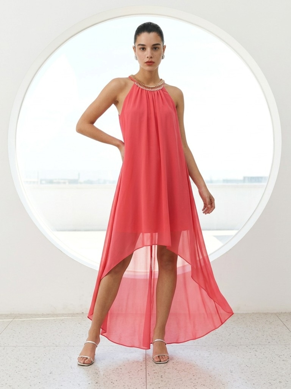 Coral Halter High-Low Chiffon Dress